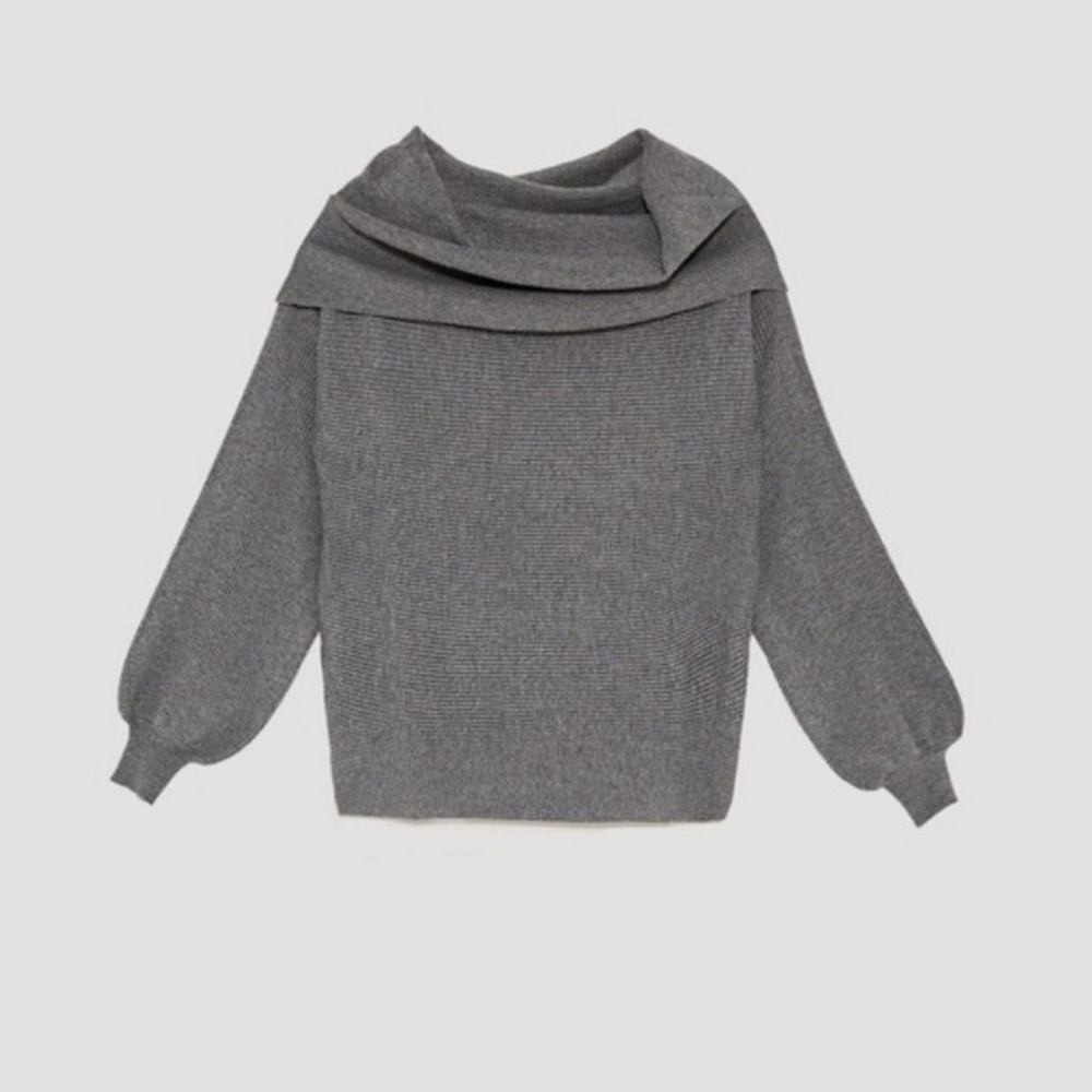 Zara Knit Off the Shoulder Grey Knit Sweater - Picture 2 of 4